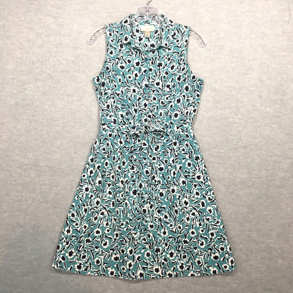 Loft Sz 2 Teal Floral Dress Collared Elastic Waist Tie Sleeveless Popover Lined